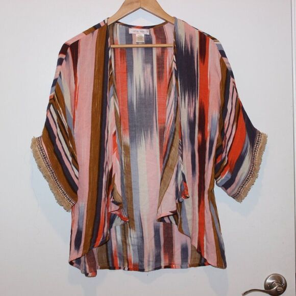 Band of Gypsies Multicolor Stripes Open Front Fringe Kimono Cardigan Size Small - Picture 2 of 9